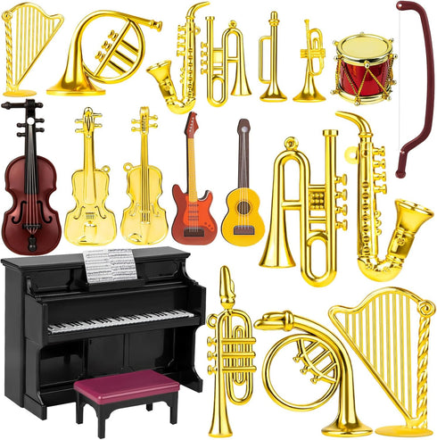 Dollhouse Musical Instruments, Miniature Violin Guitar Piano Drum Trumpet Figurine Ornament for Mini House