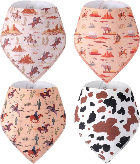 4 Pcs Western Cowboy Baby Bandana Bibs - Newborn Infant Feeding Drool Bibs for Teething and Burp Cloths