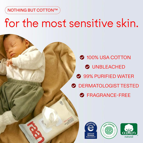 100% 99% 4 pack, 240 Count Raan, Cotton Baby & Toddler Wipes, Unbleached, Purified Water, Unscented, EWG verified, Made