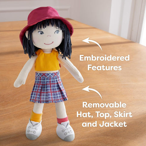 12" 18 HABA Soft Doll Yuki with Black Hair, Embroidered Face, Stylish Bucket Hat and Clothes - Washable Toddler Baby
