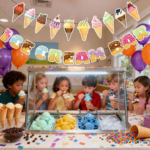 2Pcs Summer Community Ice Cream Party Decorations - Ice Cream Bar Banner & Cone Bunting Decorations for Party, Kids