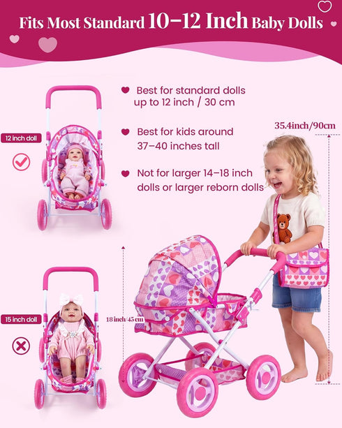Set 12 Inch 14 Set, 3yrs+ BABESIDE Baby Doll Stroller with Baby Doll, Pcs Baby Doll Accessories, Folding Doll Pram