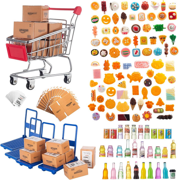 175PCS Miniature Courier Box Set, Shopping Mall Shipping Boxes, Mini Supermarket Handcart Models for Dollhouse Play
