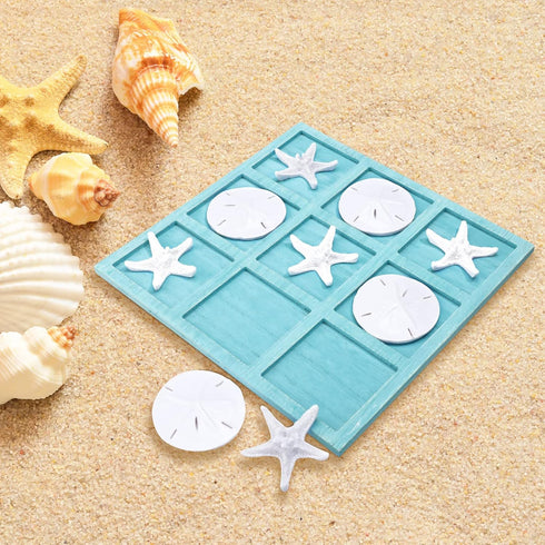 Sumind Tic Tac Toe Game - Beach House Decor Wood Coastal Board Game for Home Beach Starfish Decor (Blue)