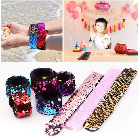 Childom 20 Pack Slap Bracelets - 2-Color Reversible Charm Bracelets with Sequins & Color Ball Head