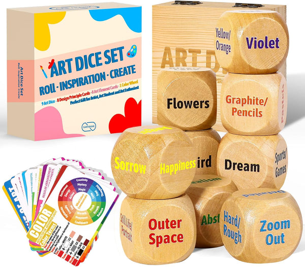 Inspiration Art Dice Set with Art Principles Cards - Color Wheel & Painting Knowledge, 9 Dice for Adults, Creative Gifts