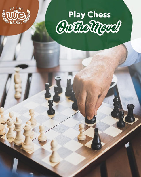Set 34 WE Games Chess - Tournament Style with Pieces, Vinyl Roll-Up Board, Storage Bag & Equalizer Dice. Ideal