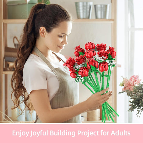 Set, 960PCS Sopu Red Rose Bouquet Building Roses Artificial Flowers Botanical Collection for Dinner Table Home Decor