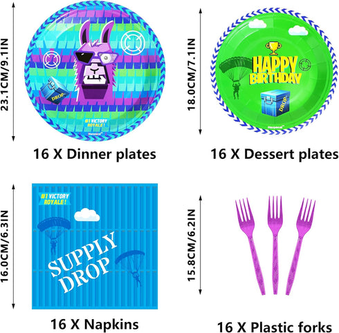 64Pcs Video Games Llama Party Tableware Supplies, 32 Plates, 16 Forks, 16 Napkins, Birthday Decorations