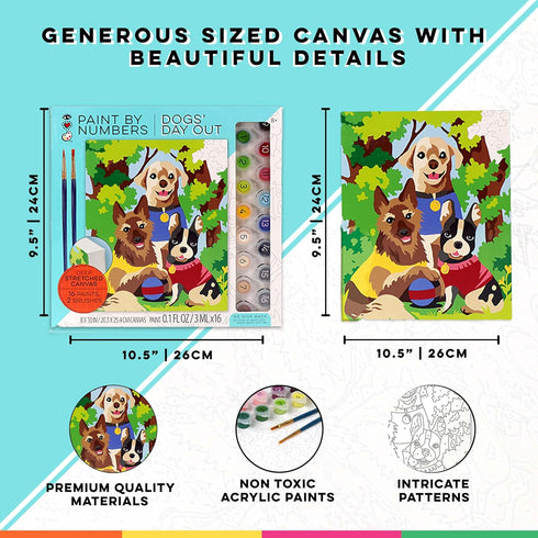 8+ Set 16 2 Bright Stripes iHeartArt Paint by Numbers Kit for Kids Ages | Dogs Day Out Theme | Art with Framed Canvas