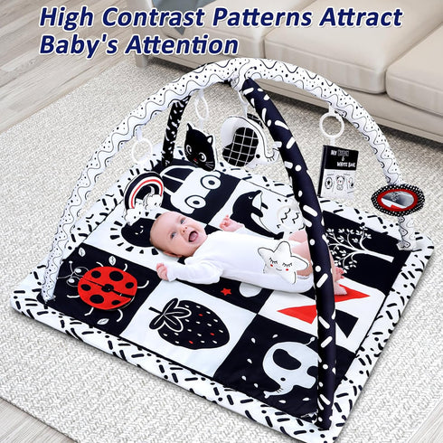 6 Tummy 0-6 6-12 Poycuna Black and White Baby Gym Play Mat with Toys Time Activity Mat for Babies Months High Contrast