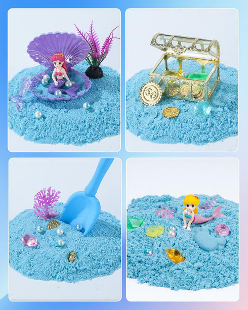 sikmcle Ocean Sensory Bin Blue Moldable Sensory Sand Kit Sandbox with Lid Colorful Plastic Sea Shell Conch Starfish