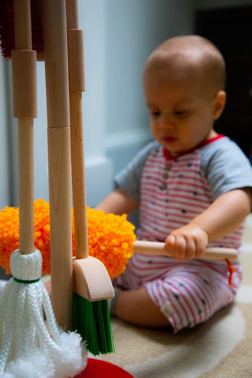 Set 6 Color,10071 JustForKids Wooden Detachable Kids Cleaning - Duster, Brush, Mop, Broom and Hanging Stand Play