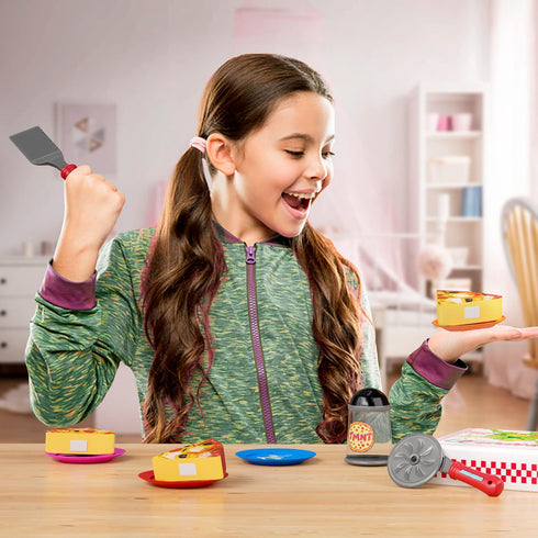 Kids Pizza Toy Set - Pretend Kitchen Play Food with Slice & Serve Pizza, Box, Pie Cutter & Condiments