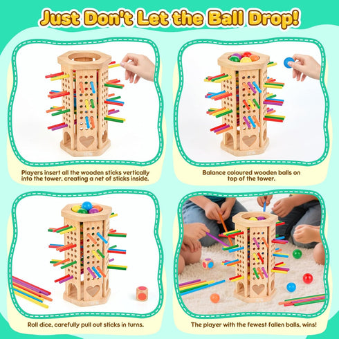 WhimsiPlay 42-Stick 3 4 5 6 Counting, Montessori Wooden Board Game, Dice Game, Math Puzzle Toy for Kids Years Old