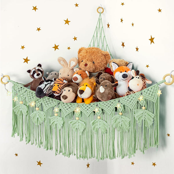 ANROYE Macrame Stuffed Animal Storage with Star Light, Bear Green Hammock for