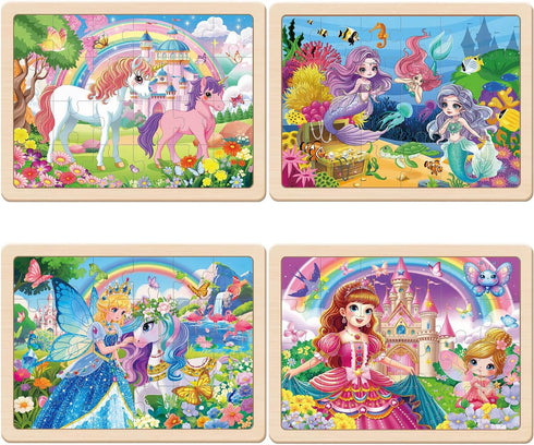 OGYZW 4-6, 4 Packs 24 3 4 5 6 Puzzles for Kids Ages Pcs Unicorn Princess Mermaid Wooden Jigsaw Puzzles, Preschool