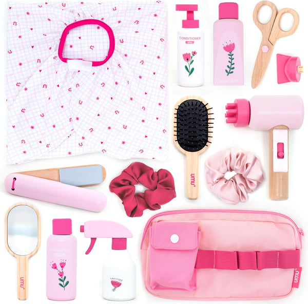 UMU Wooden Hair Salon Playset 17 Pcs Pretend Hairdressing Toy with Hair