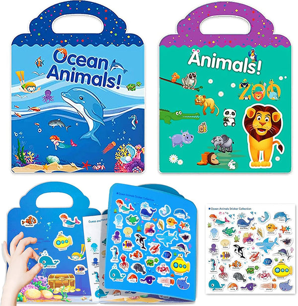 Reusable Sticker Books for Kids, 2 Sets Travel Removable Toddler Sticker Books for 3-5 Year Olds, Educational Learning