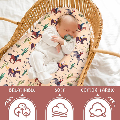 4 Pcs Western Cowboy Bassinet Sheets, Soft Baby Sheet Set Fit Standard Bassinets 32 x 16 x 3 Inches