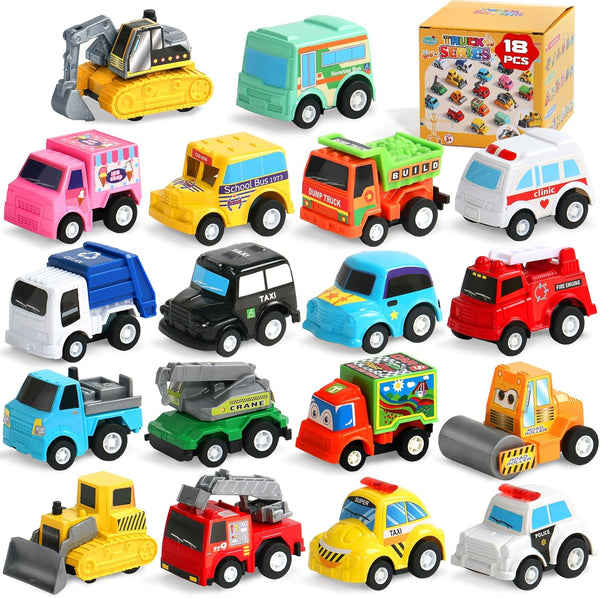 Fajiabao 18 Pcs Toy Car Mini Pull Back Cars for Toddlers, Party Favors Bulk Small Construction Toys for Kids