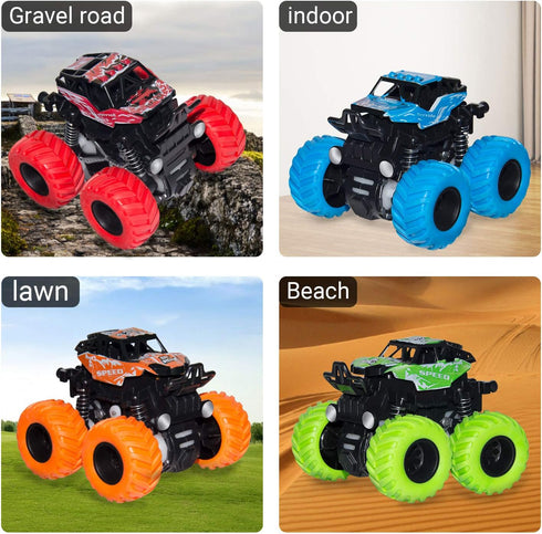 LONANDY 4 Pack Monster Truck Toys - Friction Powered Push and Go Toy Cars, Stunt Toy Vehicles for Kids Ages 3+