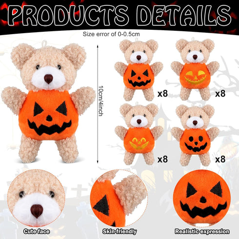 Hiboom 32 Pcs Halloween Plush Stuffed Animal Bear in Pumpkin Costume, Mini Soft Bear Doll for Boys Girls