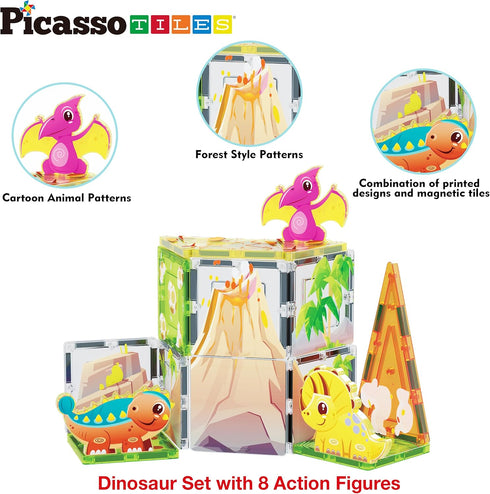 PicassoTiles Magnet Tile Building Blocks Dinosaur World Themed Playset, 8 Animal Character Action Figures for Kids 3+