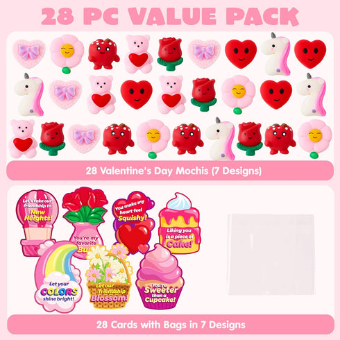 28 Packs JOYIN Valentines Day Gift Cards with Mochi Squishy Toys, Stress Relief Fidget, Cute Miniature Novelty Squeeze