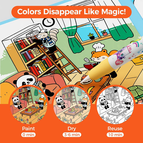 2 Pack 2 3+ Reusable Water Coloring Books for Kids EVA Magic Water Painting Books with Water Pens, Animal Themes Mess