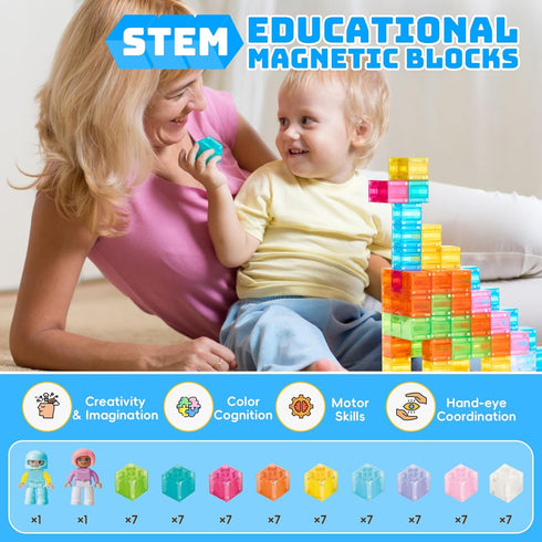 Set, 3-12(Transparent) VigorFun Magnetic Blocks Magnet Building Blocks with Toy Figurine and Storage Bag for Kids