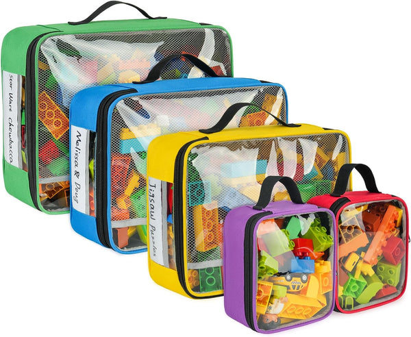 Toy Storage Bags for Lego Bricks, 5 Pcs Travel Organizers for Kids Building Blocks, Toy Car, Puzzles with Mesh Pocket