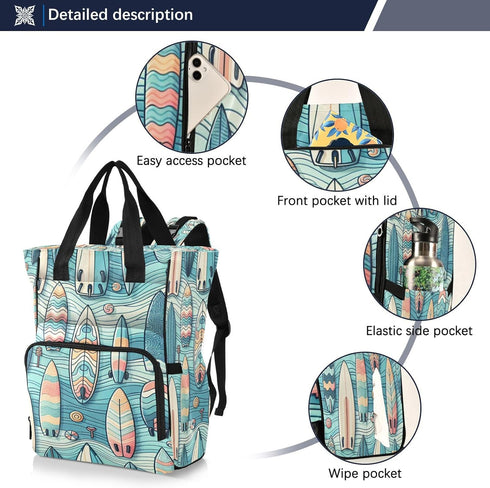 YANENDIE Backpack, Backpack Backpack Colorful Surfboards Diaper Bag Unisex Travel Baby Diaper Bags with Stroller Straps