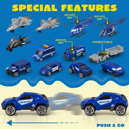 Playset XDUOYJOY Police Helicopter Toy with Vehicles, Fighter Jets, Airplane, SWAT Truck and Roadblocks, Police Rescue