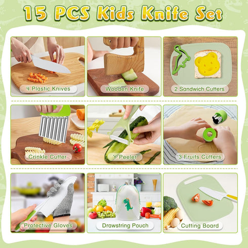 Kids Knife Set for Real Cooking - 15 PCS Montessori Kitchen Tools with Safe Knives, Cutting Board, Crinkle Cutters