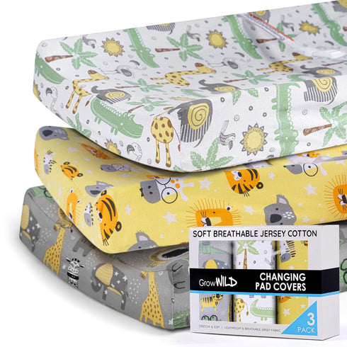 GROW WILD 3 Pack Changing Pad Covers - Soft Stretchy Jersey Cotton for Baby Changing Table, Diaper Covers (Animals &
