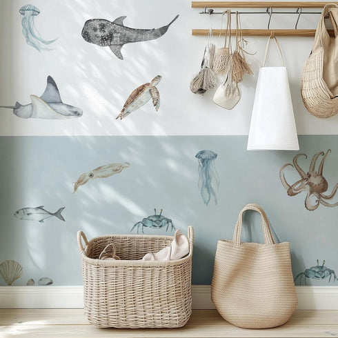 QUCHENG Ocean Wall Decals Marine Animal Boys Bedroom Large Stickers Removable Whale Decor Nursery Kids Room Murals DIY
