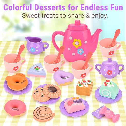 Set 3-5, 23-Piece Set Lajeje Toddler Tea Party for Girls Ages Pretend Play Tea for Kids with Teapot, Cups, Plates