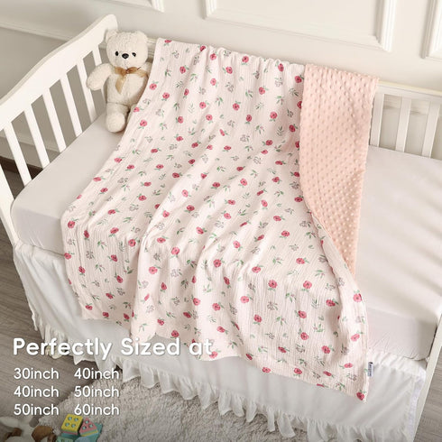 40x50 Inches, david's kids Muslin Minky Baby Blanket for Girls with Muslin Cotton Front and Dotted Fleece Backing