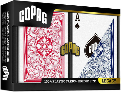 Copag Legacy Design 100% Plastic Playing Cards, Bridge Size (Narrow) Regular Index Red/Blue