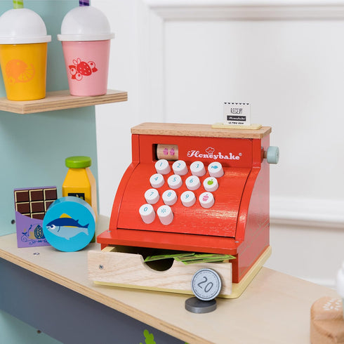 Le Toy Van Wooden Honeybake Toy Cash Register, Role Play Toy with Receipt and Play Money
