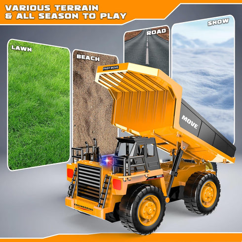 13-Channel 2.4GHz 3+ Remote Control Dump Truck Toy, Rc Construction Vehicles with Metal Bed & Light, RC Truck for Kids