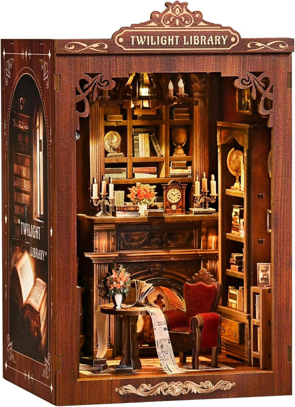 Reenovan Library Book Nook Kit, DIY Miniature House Kit with LED, Vintage Study