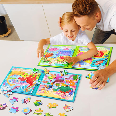 Magnetic Puzzles for Kids Ages 3-5 - Two-Book Set - Dinosaur Animal Jigsaw Puzzle Magnet Books for Learning Activities