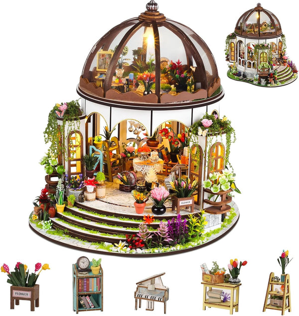 DIY Miniature House Kit,Green Garden Mini House Building Kit with LED &