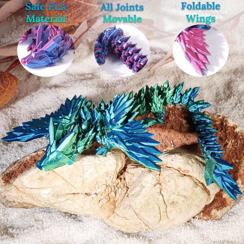 2PCS 3D 9" Printed Dragon with Wings Articulated Dragon Bookshelf Decor for Home Office