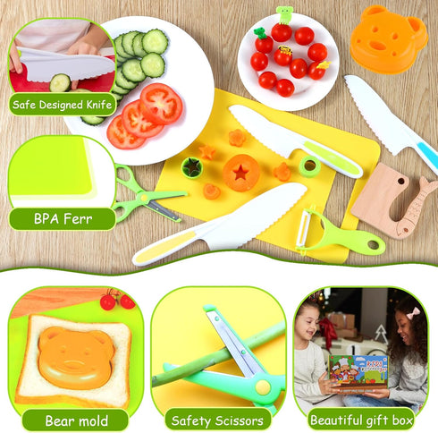 Kids Montessori Cooking Kitchen Toys and Toddler Knife Set, 30 Pcs for Real Cooking and Baking Accessories, Ages 3-10