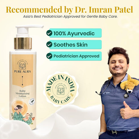 PURE AURA Set, 3 Baby Care Ayurvedic Tear-Free Shampoo, Body Wash & Moisturizing Lotion, Natural Herbal, for Newborns