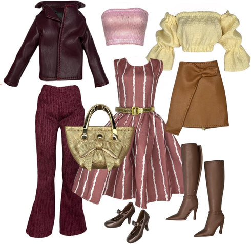 Eledoll 11.5 inch Doll Clothes Lot, Deluxe Fashion Pack Burgundy Sweetie Set for 12" Doll