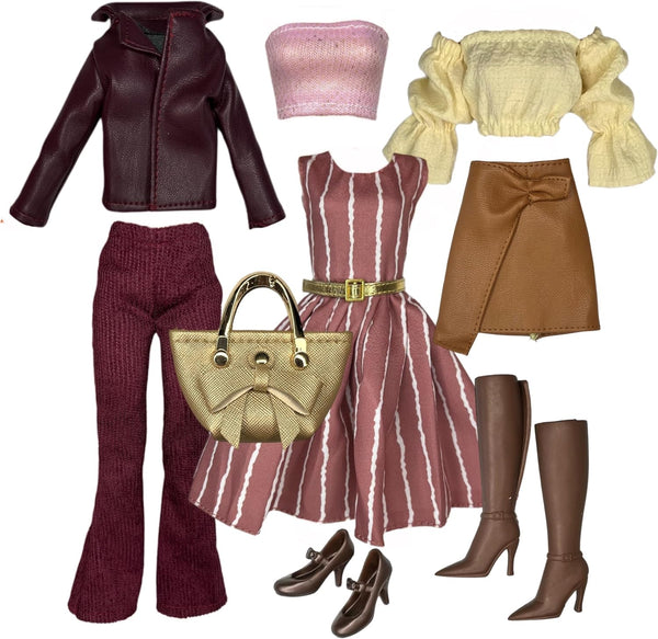 Eledoll 11.5 inch Doll Clothes Lot, Deluxe Fashion Pack Burgundy Sweetie Set for 12" Doll